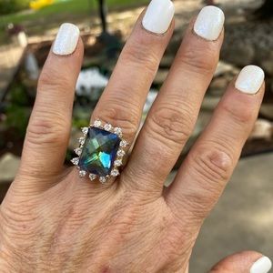 Gorgeous Checkerboard Cut Mystic Topaz/CZ, Sterling Silver Ring, Size 7